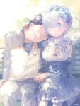  1boy 1girl black_hair blue_eyes blue_hair closed_eyes detached_sleeves hair_ornament hair_over_one_eye leaning_on_person leaning_to_the_side maid natsuki_subaru re:zero_kara_hajimeru_isekai_seikatsu rem_(re:zero) short_hair sleeping underbust uni_(pixiv3369507) x_hair_ornament 