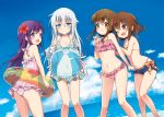  4girls :d ;) akatsuki_(kantai_collection) ball bare_arms bare_legs bare_shoulders barefoot beachball bikini bikini_skirt blue_eyes blue_shorts blue_sky bow breasts brown_eyes brown_hair casual_one-piece_swimsuit closed_mouth clouds day diagonal_stripes floral_print flower frilled_bikini frills hair_flower hair_ornament hibiki_(kantai_collection) hibiscus horizon ikazuchi_(kantai_collection) inazuma_(kantai_collection) innertube jitome kantai_collection long_hair looking_at_viewer moca_blanc multiple_girls ocean one-piece_swimsuit one_eye_closed open_mouth outdoors pink_bow pink_swimsuit polka_dot polka_dot_bikini purple_hair round_teeth short_hair short_shorts shorts silver_hair sky small_breasts smile summer swimsuit teeth transparent violet_eyes water 