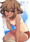  1girl bare_shoulders bikini blush breasts brown_hair collarbone ear fang hair_between_eyes hair_ornament hairclip ikazuchi_(kantai_collection) kantai_collection looking_at_viewer micro_bikini one-piece_tan open_mouth red_bikini shinshin short_hair sitting small_breasts solo swimsuit tan tanline translation_request twitter_username 