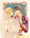  azumadori_tsugumi black_eyes blonde_hair bow bowtie bridal_veil dress erina_pendleton gloves hair_bun hand_on_another&#039;s_face hand_on_another&#039;s_hip hetero holding_hand husband_and_wife jojo_no_kimyou_na_bouken jonathan_joestar smile traditional_media tuxedo veil wedding_dress white_gloves 