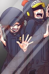  2boys artist_request earflap_hat glasses hat hat_pompom heart_pirates jumpsuits male_focus multiple_boys one_piece penguin_(one_piece) pom_pom_(clothes) shachi_(one_piece) source_request sunglasses 