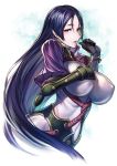  1girl black_gloves blush breast_grab breasts covered_navel erect_nipples fate/grand_order fate_(series) fingerless_gloves gloves grabbing highres large_breasts long_hair looking_at_viewer minamoto_no_yorimitsu_(fate/grand_order) open_mouth purple_hair simosi skin_tight smile solo very_long_hair violet_eyes 