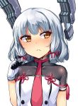  1girl :&lt; alternate_hair_length alternate_hairstyle arm_at_side bangs black_clothes blunt_bangs blush bodysuit embarrassed eyebrows eyebrows_visible_through_hair gloves hair_between_eyes hair_tousle headgear horosuke_(toot08) kantai_collection looking_to_the_side murakumo_(kantai_collection) necktie orange_eyes red_necktie red_ribbon remodel_(kantai_collection) ribbon school_uniform serafuku short_hair short_sleeves sidelocks silver_hair upper_body 