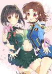  2girls :d akimi_akatsuki_(female) asymmetrical_docking black_hair blush breast_press breasts brown_hair cleavage commentary_request eri. highres katia_grineal light_brown_eyes multiple_girls navel_cutout open_mouth red_eyes short_hair smile super_robot_wars_gc super_robot_wars_judgement super_robot_wars_og_moon_dwellers thigh-highs wristband 