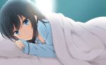  1girl asashio_(kantai_collection) backlighting bed black_hair blue_eyes blush collarbone jewelry kantai_collection long_hair looking_at_viewer lying nagami_yuu on_side pajamas pillow ring smile solo sparkle under_covers wedding_band 