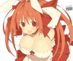  1girl animal_ears bare_shoulders blush bow breasts cleavage di_gi_charat dice dice_hair_ornament dress fbc hair_bow large_breasts long_hair looking_at_viewer pink_eyes pink_hair rabbit_ears red_eyes ribbon smile solo twintails usada_hikaru 