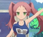  1girl animated animated_gif baka_to_test_to_shoukanjuu bouncing_breasts breast_padding breasts green_eyes redhead school_swimsuit shimada_hazuki stitched swimsuit tied_hair twintails waving 