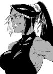  1girl bare_shoulders black_hair bleach breasts dark_skin eyeliner grin hair_ornament high_ponytail large_breasts leotard long_hair looking_at_viewer makeup monochrome muscle shihouin_yoruichi smile solo string teeth tied_hair toned upper_body 