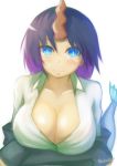  &gt;:) 1girl absurdres akahuzi blazer blue_eyes blush breasts brown_hair cleavage closed_mouth collarbone collared_shirt dragon_girl dragon_tail dress_shirt elma_(maidragon) eyebrows_visible_through_hair highres horn jacket kobayashi-san_chi_no_maidragon large_breasts looking_at_viewer off_shoulder open_clothes open_shirt purple_hair shirt slit_pupils smile solo tail twitter_username upper_body white_shirt wing_collar 