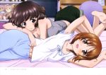  2girls :d absurdres akiyama_yukari arms_up barefoot blue_pants blush body_blush book breasts brown_eyes brown_hair chair cleavage closed_mouth collarbone copyright_name desk eyebrows eyebrows_visible_through_hair feet fur_trim girls_und_panzer green_shorts grey_shirt highres looking_at_viewer lying midriff monitor multiple_girls navel nishizumi_miho official_art on_side on_stomach open_mouth page_number pants shirt short_hair shorts sleeveless sleeveless_shirt smile soles stuffed_animal stuffed_toy sugimoto_isao teddy_bear white_shirt 