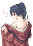  1girl back blue_eyes blue_hair from_behind hair_over_shoulder highres houshou_(kantai_collection) ippachi japanese_clothes kantai_collection kimono long_hair looking_at_viewer nape naughty_face open_clothes open_kimono ponytail smile solo undressing upper_body 