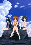  3girls :d absurdres akiyama_yukari barefoot between_legs bikini_top_removed black_hair blush breasts brown_eyes brown_hair cleavage clouds collarbone covering covering_breasts day embarrassed eyebrows eyebrows_visible_through_hair feet girls_und_panzer ground_vehicle hairband halterneck hand_between_legs head_tilt highres long_hair looking_at_viewer military military_vehicle motor_vehicle multiple_girls nishizumi_miho official_art open_mouth outdoors panzerkampfwagen_iv reizei_mako sitting sky small_breasts smile soles sugimoto_isao swimsuit tank toes very_long_hair wardrobe_malfunction waving 