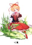  1girl absurdres blonde_hair blue_eyes full_body grass hair_ribbon highres looking_away mary_janes medicine_melancholy on_ground puffy_sleeves ribbon shirt shoes short_hair short_sleeves sitting skirt solo touhou touhou_enkyou_ningyou white_background 