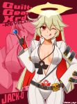  1girl :q ;q ahoge ankh bangs belt belt_buckle beltskirt black_gloves blush bodysuit breasts breasts_apart buckle candy center_opening character_name cleavage closed_mouth collarbone copyright_name cowboy_shot emblem flipped_hair gloves guilty_gear guilty_gear_xrd hair_between_eyes halo hand_on_hip holding index_finger_raised jack-o_(guilty_gear) jewelry legs_together licking_lips light_smile lollipop long_hair long_sleeves looking_at_viewer medium_breasts multicolored_hair necklace one_eye_closed outline red_eyes red_gloves redhead runes sidelocks smile smiley_face solo standing strap studded_belt tasogare_yanio tongue tongue_out transparent twitter_username two-tone_hair very_long_hair white_hair wide_sleeves zoom_layer 