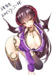  1girl 218 :p all_fours blush breasts brown_hair cleavage demon_girl demon_horns demon_wings detached_sleeves erect_nipples horns large_breasts leaning_forward lirshana long_hair looking_at_viewer maou_no_hajimekata one_eye_closed simple_background smile solo succubus tongue tongue_out wings yellow_eyes 