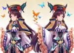  1girl :o asle belt black_hair breasts butterfly butterfly_wings capelet chinese_clothes dan_fei dual_persona flower_ornament frilled_sleeves frills hat long_hair long_sleeves red_eyes simple_background smile thunderbolt_fantasy violet_eyes wide_sleeves wings 