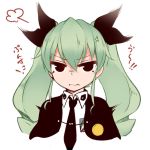  1girl akitsuchi_shien alternate_eye_color anchovy anger_vein angry bangs black_eyes cape closed_mouth dress_shirt drill_hair emblem frown fume girls_und_panzer green_hair hair_ribbon long_hair long_sleeves looking_at_viewer necktie portrait ribbon school_uniform shirt simple_background solo twin_drills twintails wavy_mouth white_background white_shirt 