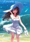  1girl beach black_hair breasts cleavage closed_eyes dress hat highres long_hair potion_lilac(popopotionu) shoes_removed shore sleeveless solo sun_hat sundress water white_dress 