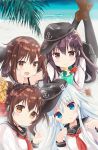  4girls akatsuki_(kantai_collection) anchor_symbol beach black_legwear black_skirt blue_eyes brown_eyes brown_hair chin_rest flat_cap folded_ponytail hair_ornament hairclip hat hibiki_(kantai_collection) ikazuchi_(kantai_collection) inazuma_(kantai_collection) kantai_collection long_hair lying multiple_girls neckerchief ocean on_back on_stomach open_mouth palm_tree pantyhose pleated_skirt sand school_uniform serafuku short_hair silver_hair skirt tree tsukiji water 