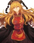  1girl black_dress blonde_hair chinese_clothes dress hat junko_(touhou) long_hair red_eyes solo tabard terajin touhou white_background wide_sleeves 
