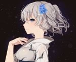  1girl black_background blue_eyes blue_flower breasts closed_mouth eyelashes flower from_side hair_flower hair_ornament japanese_clothes kantai_collection kashima_(kantai_collection) kimono medium_breasts oniku_(oishii_oniku) profile short_hair short_twintails silver_hair simple_background smile solo tsurime twintails 