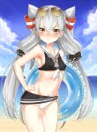  1girl amatsukaze_(kantai_collection) beach bikini blue_sky blush brown_eyes clouds commentary_request erect_nipples front-tie_top glasses hair_tubes hand_on_hip highres innertube kantai_collection long_hair looking_at_viewer low_twintails navel nezumi_doshi ocean outdoors sailor_bikini sailor_collar sand scrunchie side-tie_bikini silver_hair sky smile solo sunglasses sunglasses_on_head swimsuit tied_hair twintails two_side_up water windsock 