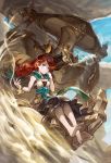  1girl bare_legs bare_shoulders barefoot blue_eyes blue_sky blush bracelet cape dress ecens feet grafos granblue_fantasy hairband hand_to_own_mouth highres jewelry long_hair pinky_to_mouth redhead sand sara_(granblue_fantasy) sky solo 