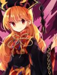  1girl black_dress blonde_hair chinese_clothes crescent dress fox_tail hat junko_(touhou) long_hair long_sleeves looking_at_viewer multiple_tails nikorashi-ka red_eyes sash smile solo tabard tail touhou upper_body wide_sleeves 