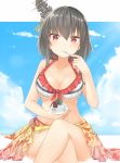  1girl azuhira bare_legs bikini bikini_top black_hair blue_sky breasts cleavage closed_mouth clouds day earing eating floral_print frilled_bikini frills hair_between_eyes headgear holding holding_bowl kantai_collection legs_crossed looking_at_viewer medium_breasts red_ribbon redhead ribbon sarong shaved_ice short_hair side-tie_bikini sky smile solo spoon swimsuit thighs yamashiro_(kantai_collection) 