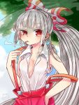  1girl adapted_costume bangs blue_sky blunt_bangs bow breasts cigarette cleavage clouds collarbone dappled_sunlight day fujiwara_no_mokou hair_bow half-closed_eye hand_in_pocket highres hot ibarashiro_natou long_ponytail looking_at_viewer mouth_hold neck open_clothes open_shirt pants red_eyes red_pants shiny shiny_hair shirt short_hair silver_hair sky sleeves_rolled_up smoke smoking solo sunlight suspenders suspenders_pull suspenders_slip sweat touhou tree tree_shade white_shirt 