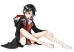  1girl barefoot black_hair cloak emokakimasu hood hooded_cloak orange_eyes original short_hair sitting solo 