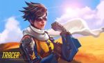  1girl armor body_armor brown_hair dessert earrings food glasses jewelry lens_flare looking_at_viewer overwatch rikamello scarf solo spiky_hair sun sunglasses tracer_(overwatch) upper_body 