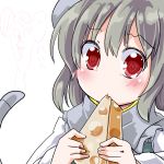  1girl animal_ears biting capelet cheese favfavver2 grey_hair heart heart-shaped_pupils mouse_ears mouse_tail nazrin red_eyes solo symbol-shaped_pupils tail touhou 