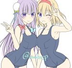  2girls alice_margatroid alternate_costume bangs blonde_hair blue_eyes blue_swimsuit blunt_bangs breast_press breasts colored_eyelashes double_bun hairband hand_holding hat large_breasts long_hair looking_at_viewer mob_cap multiple_girls one-piece_swimsuit open_mouth patchouli_knowledge purple_hair school_uniform shigemiya_kyouhei short_hair swimsuit symmetrical_docking touhou twitter_username v v_over_eye violet_eyes 