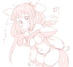  1girl asymmetrical_wings bare_shoulders blush breasts dizzy feathered_wings female flying_sweatdrops guilty_gear hair_ribbon hair_rings long_hair long_sleeves monochrome navel pale_color randou ribbon simple_background skindentation smile solo tail thigh-highs translation_request under_boob white_background wings 