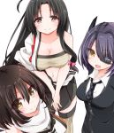  3girls black_hair breasts brown_eyes cleavage eyebrows eyebrows_visible_through_hair eyepatch hair_between_eyes highres izumo_ayuka japanese_clothes kantai_collection light_smile long_hair looking_at_viewer medium_breasts multiple_girls navel open_mouth scarf school_uniform sendai_(kantai_collection) serafuku short_hair shouhou_(kantai_collection) tenryuu_(kantai_collection) v_arms white_scarf yellow_eyes 