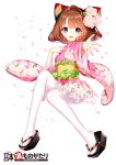  1girl alcohol blush brown_hair copyright_request flower hair_flower hair_ornament japanese_clothes kimono open_mouth outstretched_arm outstretched_hand pantyhose platform_clogs sake sandals short_hair smile tabi tsukigami_runa violet_eyes white_legwear 
