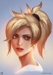  1girl backlighting blonde_hair blue_background casual facing_viewer gradient gradient_background grey_eyes high_ponytail lips looking_away looking_to_the_side mercy_(overwatch) nose overwatch portrait realistic shirt signature solo white_shirt xiaoguimist yellow_background 