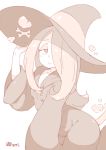  1girl breasts cleavage collarbone dress female hair_over_one_eye half-closed_eyes hat little_witch_academia long_hair long_sleeves pale_color randou simple_background sleeves_past_wrists smile solo sucy_manbabalan white_background wide_sleeves witch witch_hat 