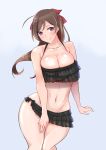  1girl bare_shoulders bikini blue_background breasts brown_hair cleavage curvy gradient gradient_background groin highres kantai_collection large_breasts long_hair mamiya_(kantai_collection) navel ponytail red_eyes smile solo swimsuit thighs webslinger wide_hips 