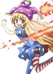  1girl :d american_flag american_flag_dress american_flag_legwear american_flag_shirt blonde_hair clownpiece dress fairy_wings fire frilled_shirt_collar frills hat jester_cap long_hair neck_ruff open_mouth pantyhose polka_dot short_dress short_sleeves smile solo star suichuu_hanabi torch touhou very_long_hair violet_eyes wavy_hair wings 