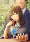 1boy 2girls aqua_eyes blush brown_hair cup drink drinking_glass drinking_straw earrings hand_holding idolmaster idolmaster_cinderella_girls jewelry lipstick_mark long_hair looking_at_viewer multiple_girls open_mouth oshou_(o_shou) producer_(idolmaster_cinderella_girls_anime) senkawa_chihiro shibuya_rin smile 
