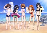  5girls :d absurdres ahoge akiyama_yukari arm_up arms_behind_back ass barefoot beach bikini black_bikini black_hair blue_shorts blush body_blush breasts brown_eyes brown_hair cleavage clenched_hand clouds collarbone eyebrows eyebrows_visible_through_hair feet full_body girls_und_panzer green_swimsuit hairband halterneck head_tilt highres holding hood hooded_jacket huge_ahoge innertube isuzu_hana jacket leaning_forward long_hair long_sleeves looking_at_viewer looking_back multiple_girls navel nishizumi_miho official_art open_clothes open_jacket open_mouth pink_bikini red_bikini reizei_mako rock short_hair short_shorts shorts sky smile standing sugimoto_isao sunlight swimsuit takebe_saori toes towel unbuttoned very_long_hair water white_swimsuit 