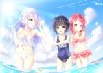  3girls arrie_lapin bikini black_hair blue_eyes blue_hair camisole clouds gochuumon_wa_usagi_desu_ka? green_eyes highres jouga_maya kafuu_chino long_hair multiple_girls natsu_megumi navel one_eye_closed open_mouth outdoors red_eyes redhead school_swimsuit short_hair sky smile swimsuit thigh_gap wading 