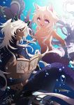  2016 2girls :d animal_ears artist_name blue_eyes copyright_request dark.h dark_skin dated eye_contact lavender_eyes long_hair looking_at_another monster_girl multiple_girls open_mouth scale scales smile underwater white_hair 