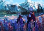  2girls androgynous animal blue_eyes commentary_request flower from_side grass highres kneeling mountain multiple_girls nature original outdoors petting profile scenery sheep sky standing sumi_(pixiv619693) tree 