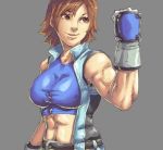  1girl abs breasts brown_eyes brown_hair clenched_hand crop_top female kazama_asuka large_breasts mick_cortes muscle namco navel shirt short_hair sleeveless smile solo taut_clothes taut_shirt tekken toned 