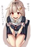  1girl :d black_legwear blonde_hair breasts commentary_request fangs hair_flaps hair_ornament hairclip highres kantai_collection kneehighs long_hair looking_at_viewer medium_breasts open_mouth red_eyes remodel_(kantai_collection) scarf shirousa sitting skirt smile solo teeth translation_request wariza yuudachi_(kantai_collection) 