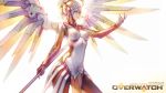  &#039;o&#039;ne 1girl backlighting blonde_hair blue_eyes bodysuit breasts copyright_name cowboy_shot high_ponytail highres holding holding_staff large_breasts long_hair mechanical_halo mechanical_wings mercy_(overwatch) outstretched_hand overwatch pantyhose ponytail simple_background solo spread_wings staff wallpaper white_background wings 