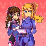  2girls blonde_hair bodysuit brown_eyes brown_hair crossover d.va_(overwatch) facial_mark gloves handheld_game_console headphones kaliptro long_hair metroid multiple_girls nintendo_3ds overwatch playing_games pointing ponytail samus_aran standing sweatdrop wavy_mouth whisker_markings white_gloves zero_suit 